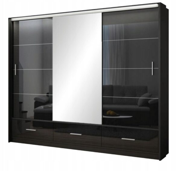 Szafa Marsylia 255, duża szafa z lustrem w połysku, oświetlenie, drążek, szuflady