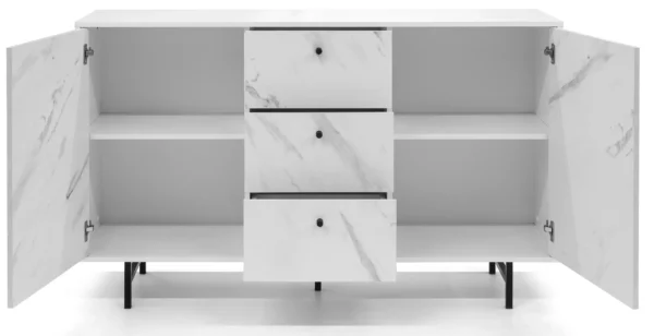 Komoda Veroli VR1- komoda 150 z trzema szufldami, dwie szafki z półkai, wysokie nóżki, płyta imitująca biały marmur