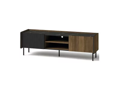 szafka RTV 150, komoda pod TV na wysokich nóżkach, ryflowany front, blat imitacja marmuru, orzech warmia, san sebastian