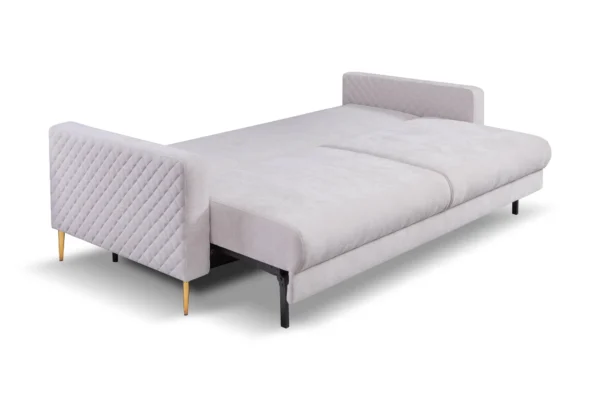Kanapa Blanca - funkcja spania, pojemnik na pościel, poduszki z przeszyciami, wysokie nóżki, glamour
