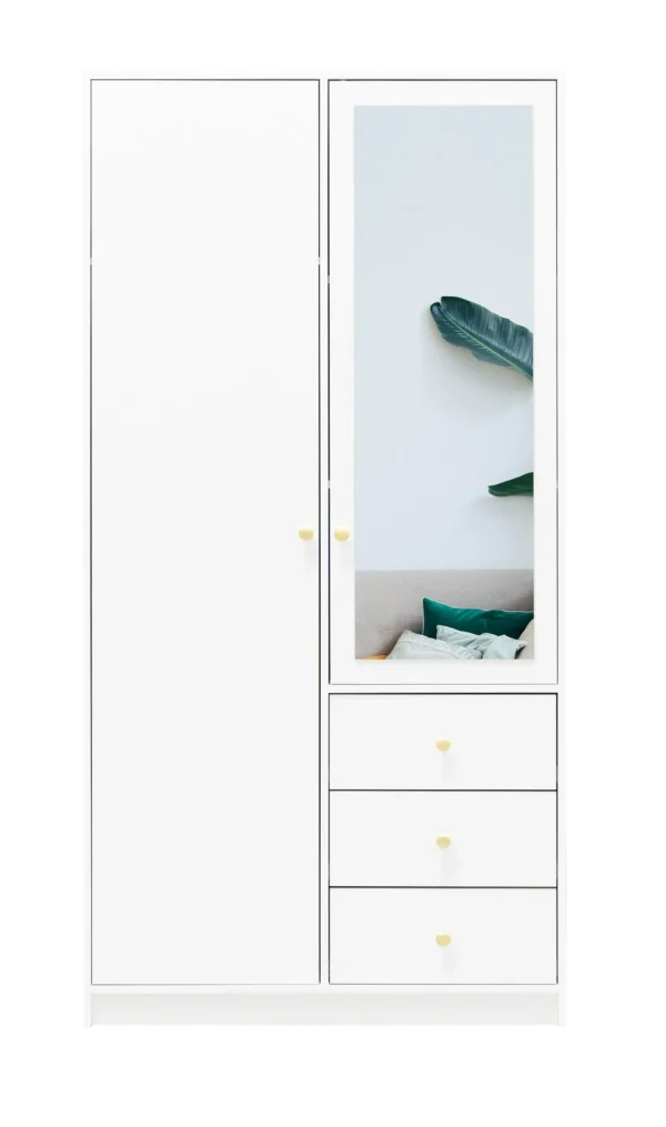 Szafa Siena D2 - szafa z lustrem i szufladami, złote uchwyty, garderoba, szafa uchylna 100 cm, biała szafa