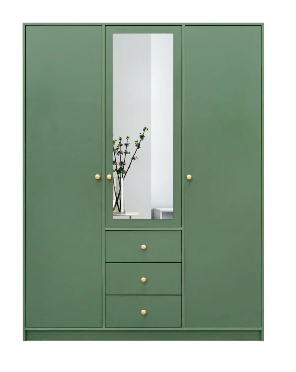 Szafa Siena D3- trzydrzwiowa szafa z lustrem, garderoba ze złotym uchwytem, pakowna szafa, śliwa, zieleń, błekit