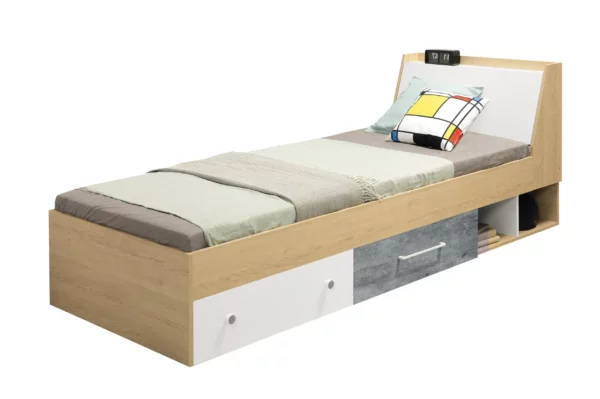 Łóżko Step St11 - łóżko 90x200, szuflady, biały, beton, dąb, łóżko dla dziecka