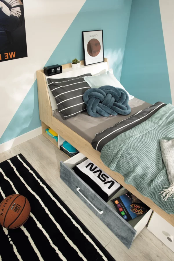 Łóżko Step St12 - łóżko 120x200, szuflady, biały, beton, dąb, łóżko dla dziecka