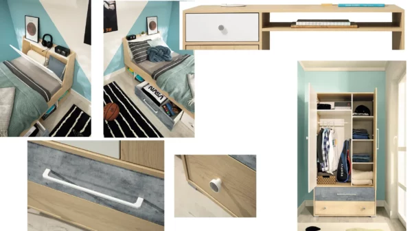 Meble młodzieżowe Step- szafa z drążkiem i połkami, garderoba do pokoju, komoda, półki, łóżko