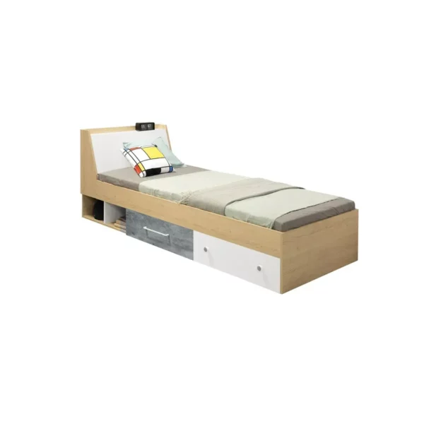Łóżko Step St11 - łóżko 90x200, szuflady, biały, beton, dąb, łóżko dla dziecka