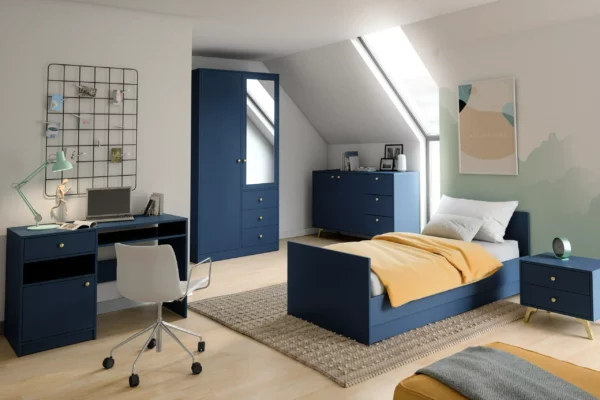 Zestaw mebli Siena - szafa, biurko, łóżko, ciemny błękit, złote uchwyty