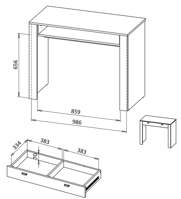 Biurko Toaletka Mossa MO10 - biurko z szufladą, prążkowane fronty, cashmere, biały, czarny