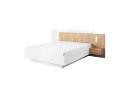 Łóżko podwójne Nori 160x200, łoże z zagłówkiem oraz oświetleniem, biały, dąb craft złoty
