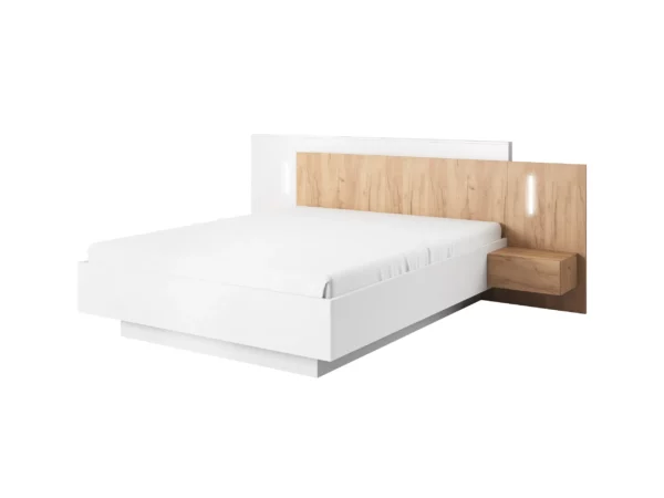 Łóżko podwójne Nori 160x200, łoże z zagłówkiem oraz oświetleniem, biały, dąb craft złoty