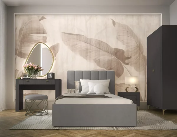 Sypialnia Mossa - sypialnia w kolorze cashmere, prążkowane fronty, złote nóżki oraz uchwyty