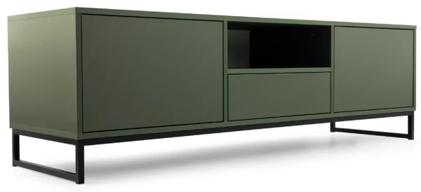 Szafka RTV Genua 160, szafka pod telewizor w kolorze butelkowa zieleń, komoda na czarnym stelażu,