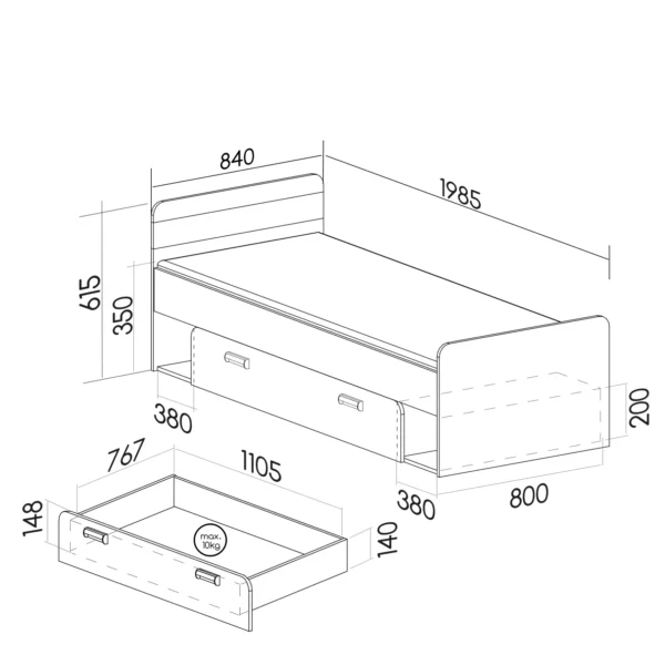 Łóżko pojedyncze młodzieżowe szufladą pojemnikiem 80x195 Lorento L13
