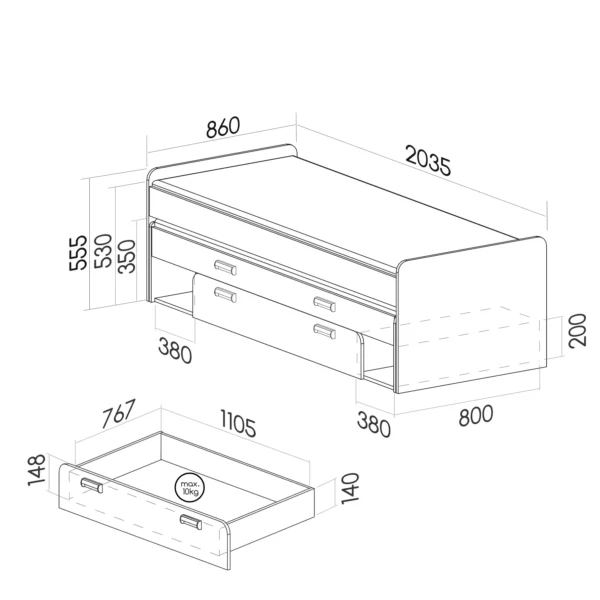 Łóżko młodzieżowe podwójne wysuwane z szufladą pojemnikiem Lorento L16