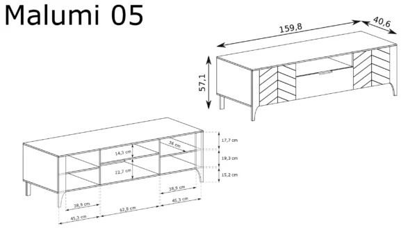 Szafka RTV Malumi M-05 - nowoczesny stolik RTV do salonu. Pomysłowe wykorzystanie frontów ze wzorem jodełka UV jako ozdobna część mebli.