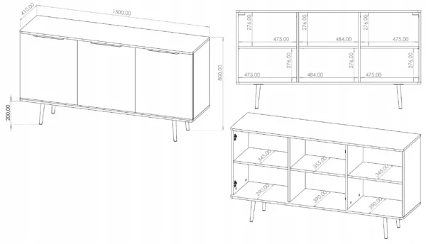 Komoda z frontem w jodełkę wysokie nogi czarny grafit 150x80x41 cichy domyk NELLI