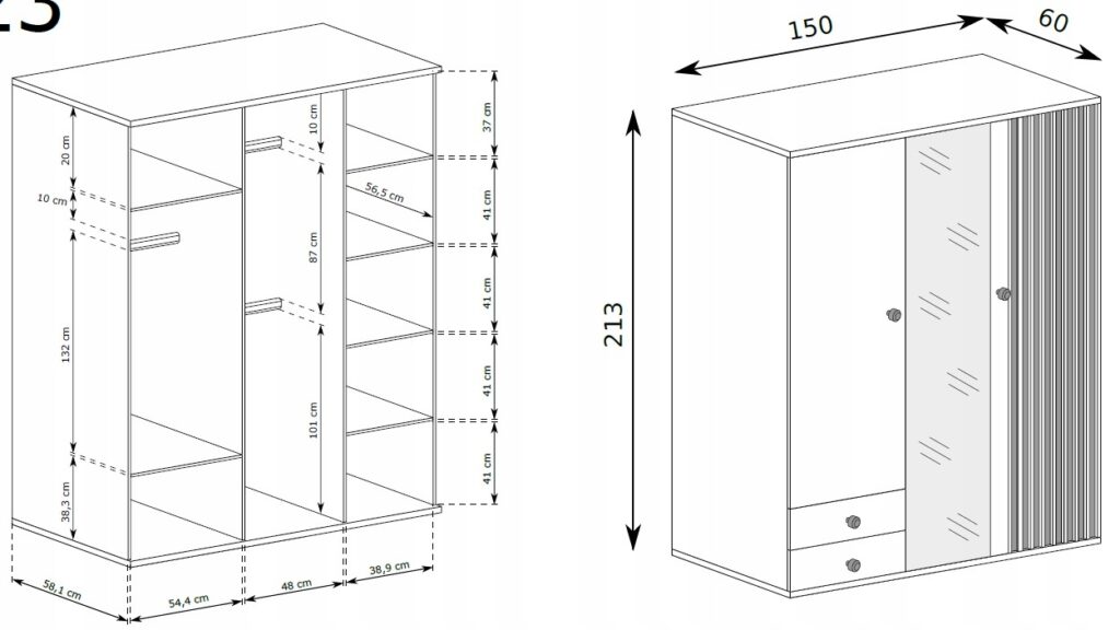 Szafa 150 garderoba trzydrzwiowa z lustrem ubraniowa 2 szuflady do sypialni CALI C-23 - duża szafa ubraniowa z półkami oraz drążkiem.