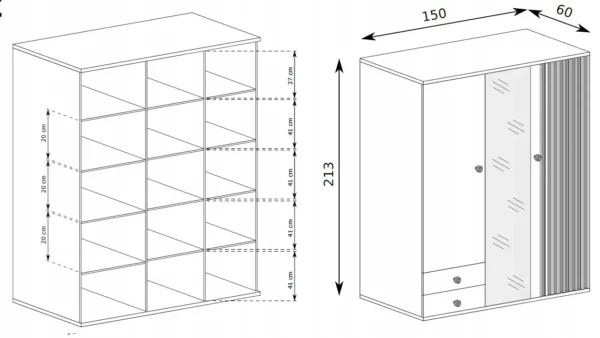 Szafa 150 garderoba trzydrzwiowa z lustrem ubraniowa 2 szuflady do sypialni CALI C-23 - duża szafa ubraniowa z półkami oraz drążkiem.