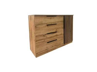 Komoda LA4 - nowoczesna komoda z szufladami oraz zamykana szafką. Komoda 125 cm do salonu z lamelami w kolorze wotan z czarnym.