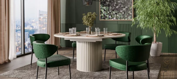 Okrągły stół nowoczesny design kaszmir do salonu ZANTE ZA9 z funkcją rozkładania - nowoczesny stół w kolorze cashmere lub czarny.