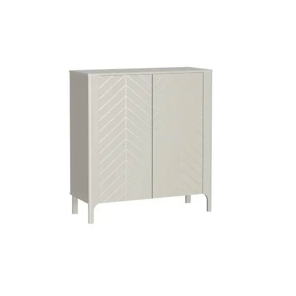 Komoda Malumi NEW M-02 - nowoczesna komoda do salonu. Pomysłowe wykorzystanie frontów ze wzorem jodełka UV jako ozdobna część mebli.