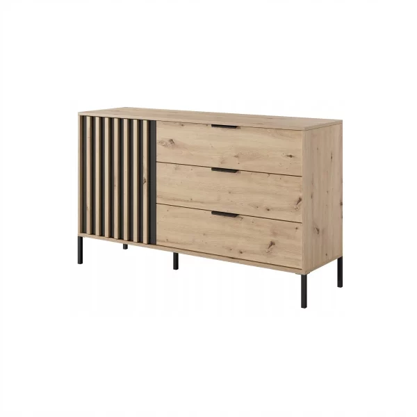 Komoda 138 dąb artisan 3 szuflady szafka z lamelami wysokie nogi LAMI B - komoda do salonu czy sypialni w z lamelami oraz czarnym uchwytami.