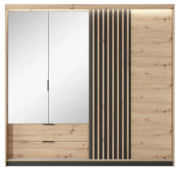 Szafa przesuwna uchylna 220 cm Z Lustrem Lamelami Dąb Artisan trzydrzwiowa LAMI A - garderoba z lustrem oraz lustrem oraz szufladami.