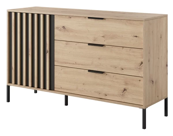 Komoda 138 dąb artisan 3 szuflady szafka z lamelami wysokie nogi LAMI B - komoda do salonu czy sypialni w z lamelami oraz czarnym uchwytami.