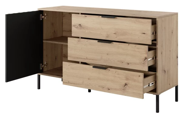 Komoda 138 dąb artisan 3 szuflady szafka z lamelami wysokie nogi LAMI B - komoda do salonu czy sypialni w z lamelami oraz czarnym uchwytami.