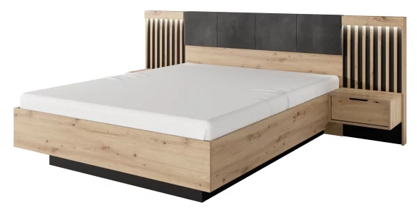 Zestaw mebli Lami 1 - łoże 160x200 z pojemnikiem oraz materacem pocket oraz 2x stolik nocny z oświetleniem i lamelami d sypialni.