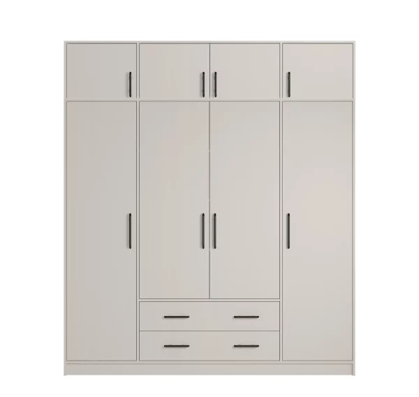 Szafa 4-drzwiowa 200 z nadstawką szufladami uchwyty czarne kaszmir 200x 230 Smart SR1+SRN1 pakowna szafa uchylna do przedpokoju