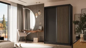 Szafa dwudrzwiowa przesuwna 150 czarna z lamelami dąb artisan LUPO dwudrzwiowa