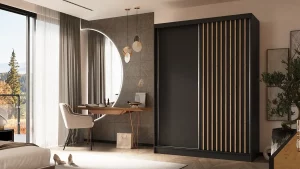 Szafa dwudrzwiowa przesuwna 160 czarna z lamelami dąb artisan LUPO