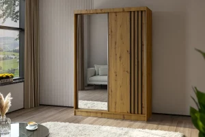 Szafa dwudrzwiowa przesuwna z lustrem 150 dąb artisan z czarnymi lamelami Lamesa