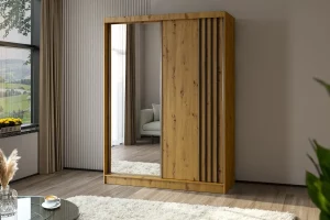 Szafa dwudrzwiowa przesuwna z lustrem 160 dąb artisan z czarnymi lamelami Lamesa