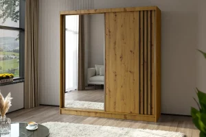 Szafa dwudrzwiowa przesuwna z lustrem 200 dąb artisan z czarnymi lamelami Lamesa