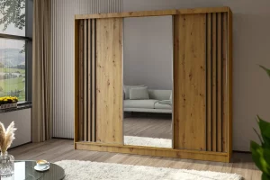 Szafa trzydrzwiowa przesuwna z lustrem 240 dąb artisan z czarnymi lamelami Lamesa
