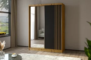 Szafa dwudrzwiowa przesuwna z lustrem 160 dąb artisan czarny front lamelami Lamesa