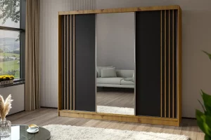 Szafa trzydrzwiowa przesuwna z lustrem 240 dąb artisan z czarnym frontem Lamesa