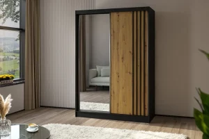 Szafa dwudrzwiowa przesuwna z lustrem 150 czarna z frontem dąb artisan Lamesa