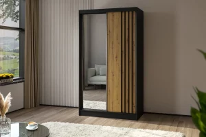 Szafa dwudrzwiowa przesuwna z lustrem 120 czarna z frontem dąb artisan Lamesa