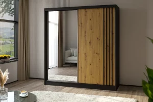Szafa dwudrzwiowa przesuwna z lustrem 200 czarna z frontem dąb artisan Lamesa