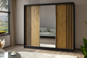 Szafa trzydrzwiowa przesuwna z lustrem 240 czarna z frontem dąb artisan Lamesa