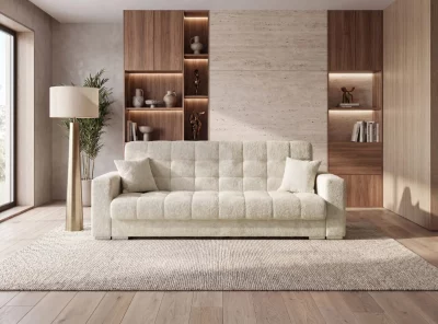 Kanapa wersalka z funkcja spania rozkładana Flipp. Wygodna sofa do salonu z pikowaniem i automatem wersalkowym i pojemnikiem.