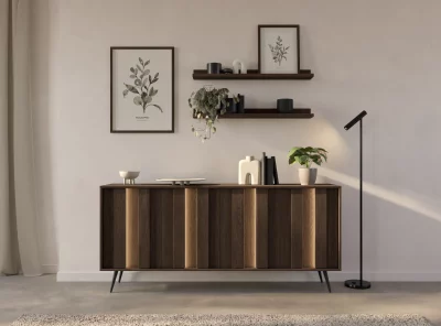 Komoda wysoka do salonu szafka LED dąb ciemny Lumix B 2D - nowoczesna komoda na wysokich nóżkach w kolorze ciemnego dębu z MDF.