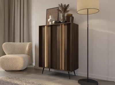 Komoda wysoka do salonu szafka LED dąb ciemny Lumix B 2D - nowoczesna komoda na wysokich nóżkach w kolorze ciemnego dębu z MDF.