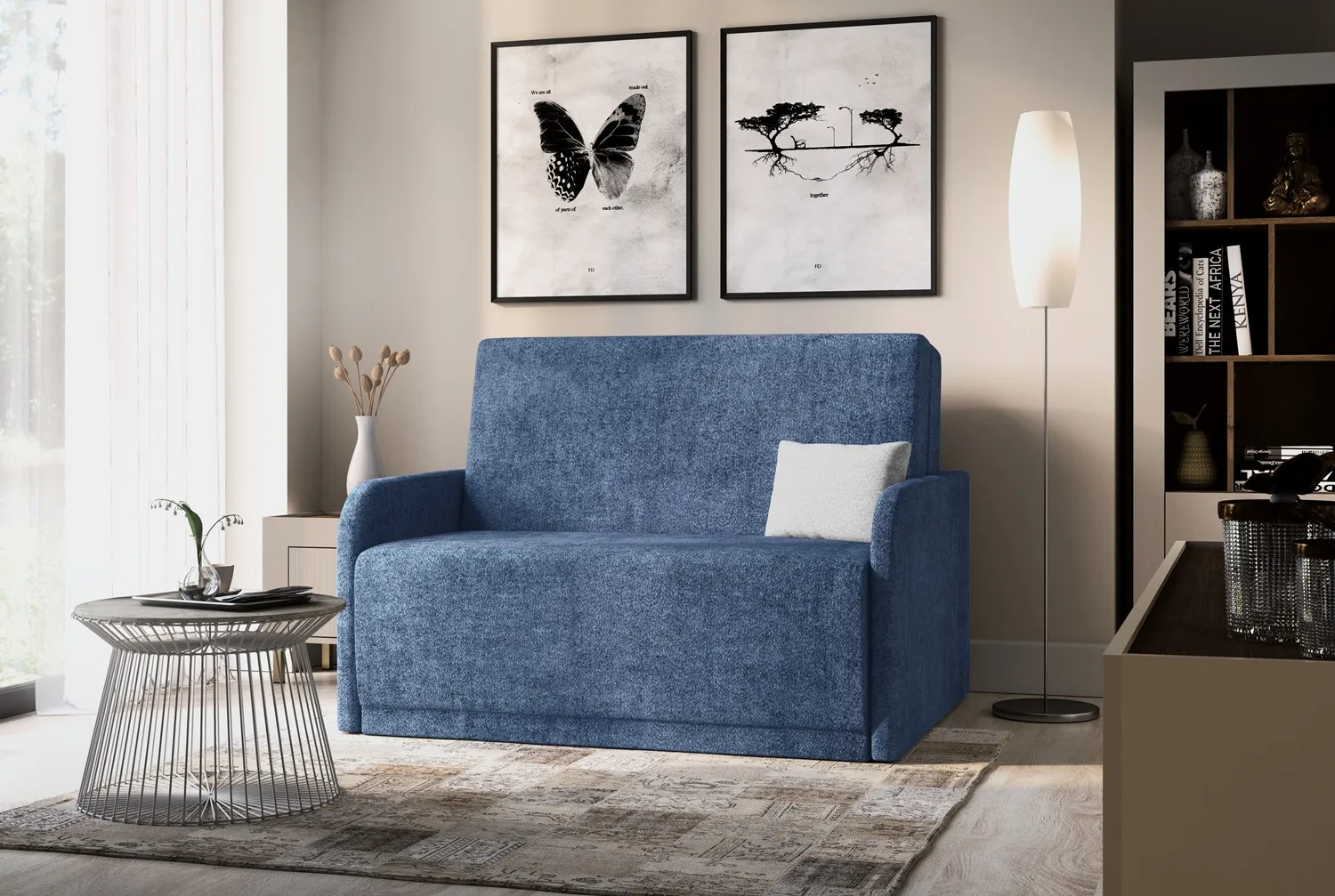 Wygodna kanapa Amerykanka z funkcją spania Bono 135 cm, sofa wersalka rozkładana w modnych kolorach, sofa do kawalerki pokoju młodzieżowego.
