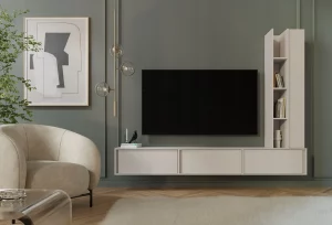 Nowoczesna meblościanka RTV wisząca PONTI  kaszmir – minimalistyczna strefa TV