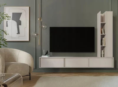 Nowoczesna meblościanka wisząca PONTI – minimalistyczna strefa TV - nowoczesna zabudowa RTV do salonu z szafką RTV i pionowym regałem.