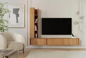 Nowoczesna meblościanka RTV wisząca PONTI  dąb carmel – minimalistyczna strefa TV